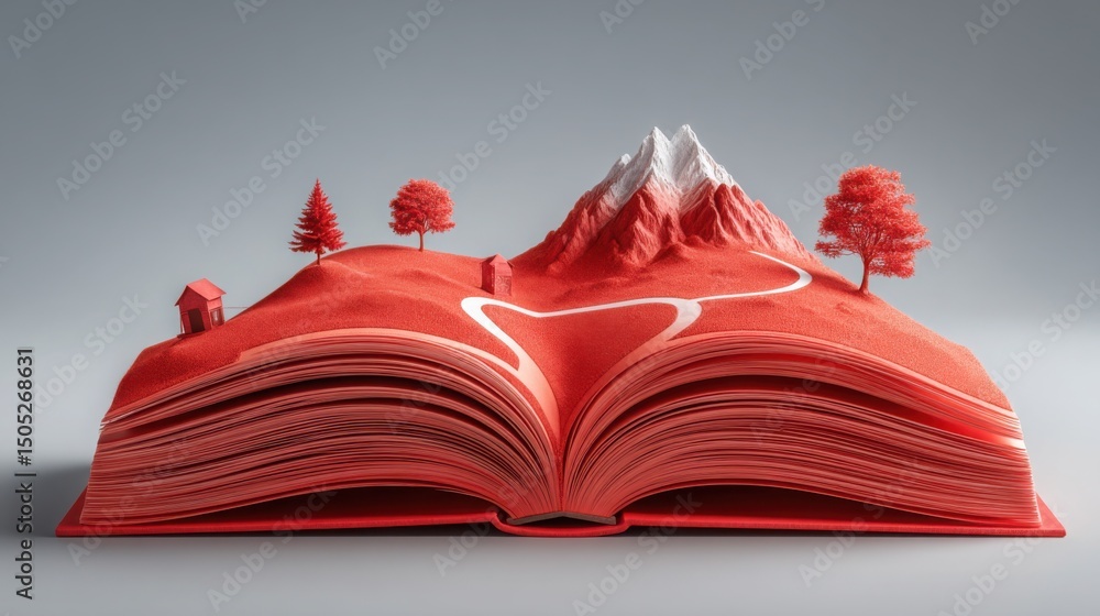 Poster open book with mountain background illustrating learning and development path concept in educational