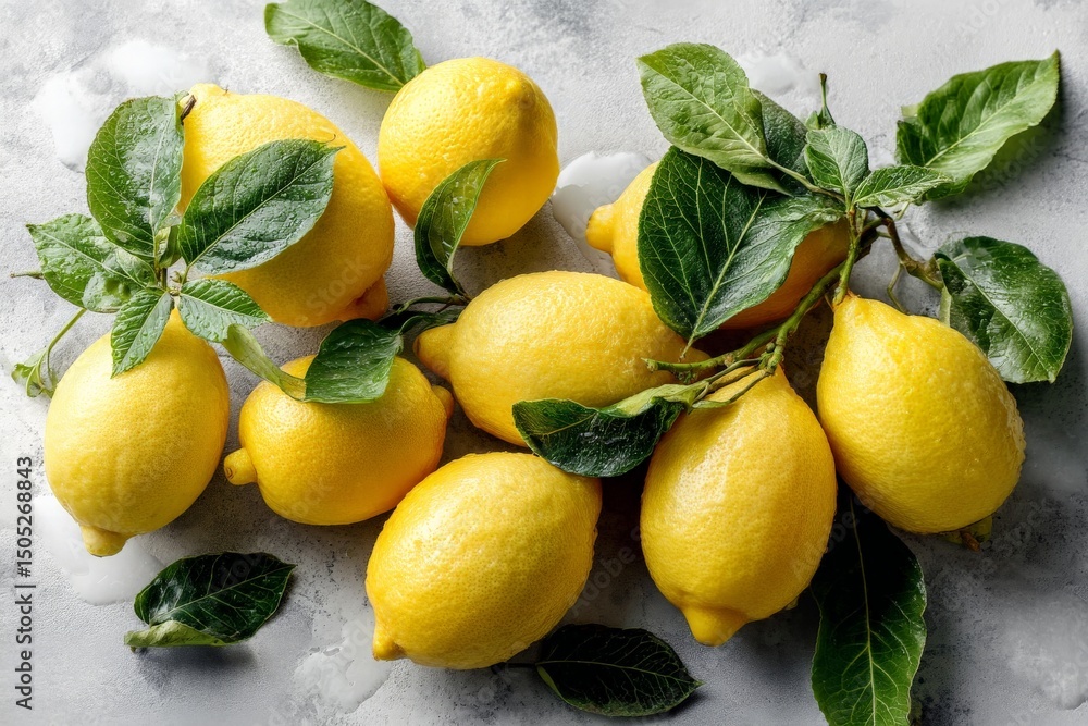 Poster fresh lemons with green leaves arranged on a light stone surface in a bright and inviting kitchen se