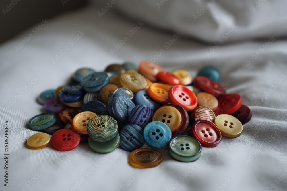 Poster colorful assortment of buttons scattered on a white fabric background captured in a cozy indoor sett