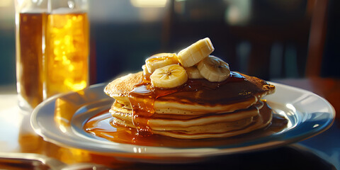 Warm Pancakes Topped with Banana and Syrup Breakfast Dish