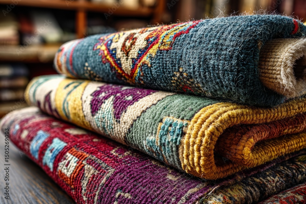 Aufkleber textiles displayed in a cozy shop showing colorful woven rugs and intricate patterns in warm lightin