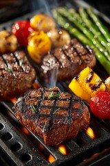 Close-up of sizzling grilled steaks and vegetables on an outdoor grill, smoke rising subtly.