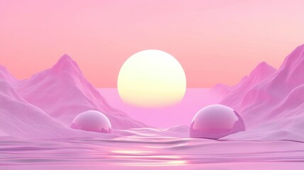 Surreal Pastel Landscape Pink Mountains Sunset and Reflective Spheres