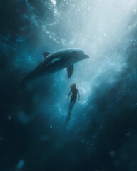 Fototapeta premium Enchanting underwater scene featuring a dolphin swimming gracefully alongside a diver in serene blue waters