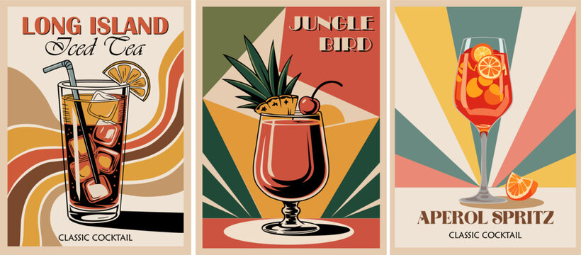 Set of retro cocktail posters in flat mid-century modern style. Aperol Spritz, Long Island Iced Tea, Jungle Bird. Perfect for bar decor, prints, kitchen, or party graphics