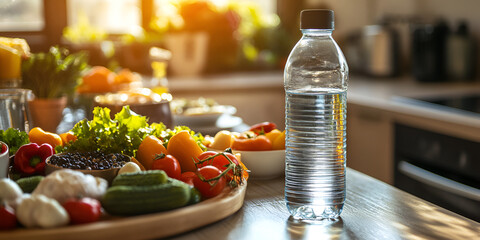 Water Bottle on Table with Healthy Meal Balanced Nutrition