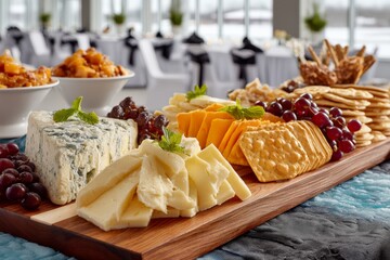Elegant cheese platter with assorted fruits and crackers at a lavish event setting