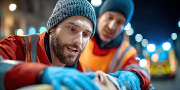 Paramedics provide urgent care to a patient outdoors at night, showing concern and focus during an emergency situation.