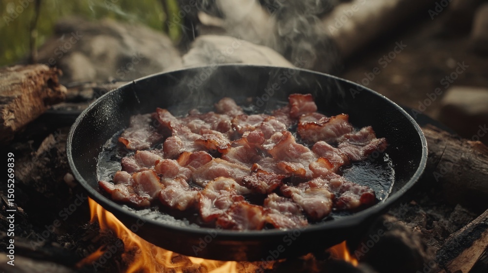 Poster bacon slices frying in a hot cast iron skillet, with the grease bubbling and the strips curling into