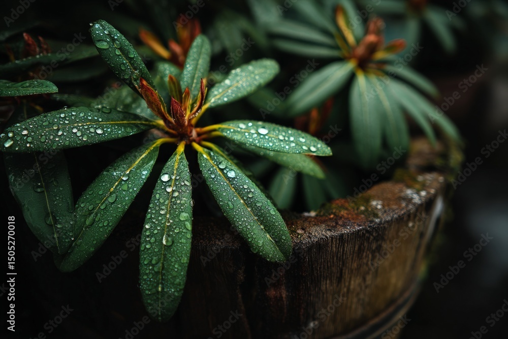 Poster dew-covered leaves in a wooden planter after a refreshing rain shower in a garden setting