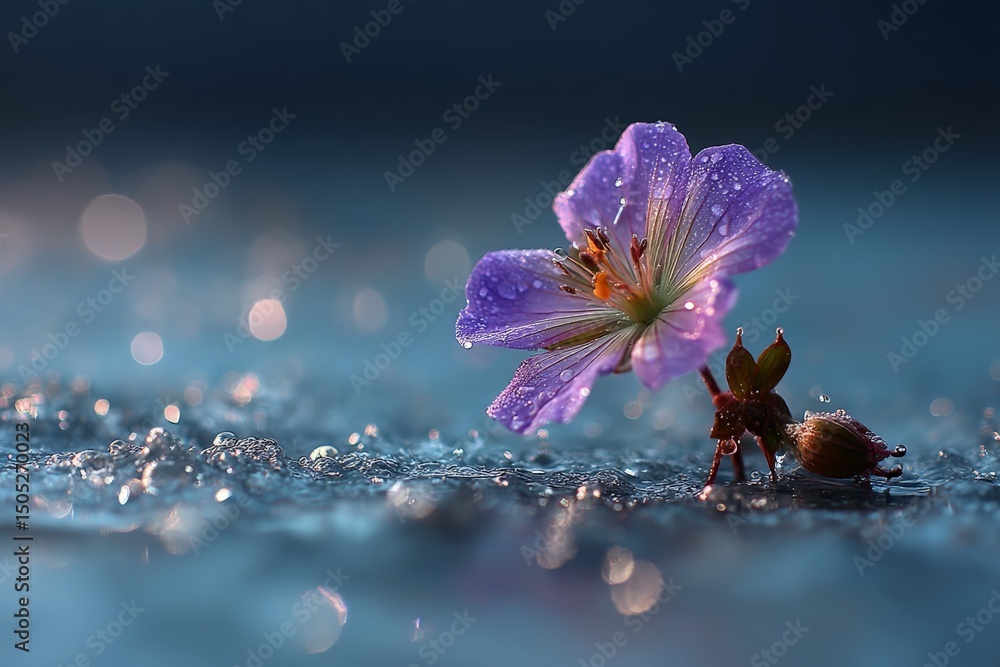 Poster purple flower covered in dew with a tiny ant on a wet surface in early morning light