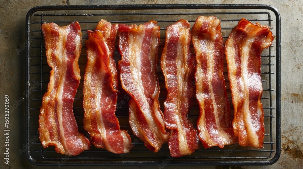 Poster bacon strips cooling on a wire rack after frying, with crispy edges and golden brown texture, ready 