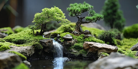 Gentle Stream Flowing Over Miniature Rock Nature Scene