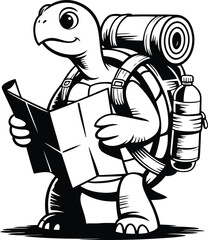 Explorer Turtle Silhouette Vector – Cute Cartoon Turtle with Backpack and Map.