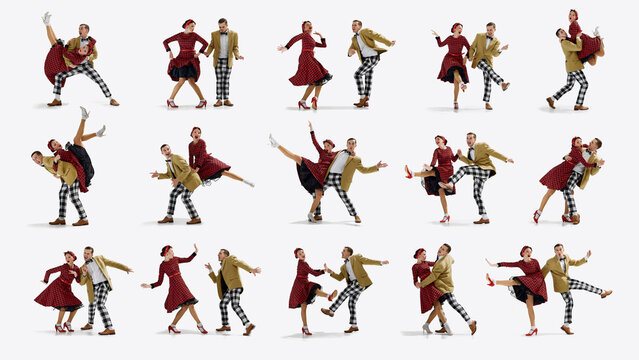 Conceptual collage. Retro dancers in plaid and polka dot outfits performing joyful swing dance moves against white background. Concept of dance, choreography, retro fun, energy, rhythm, vintage style - Powered by Adobe