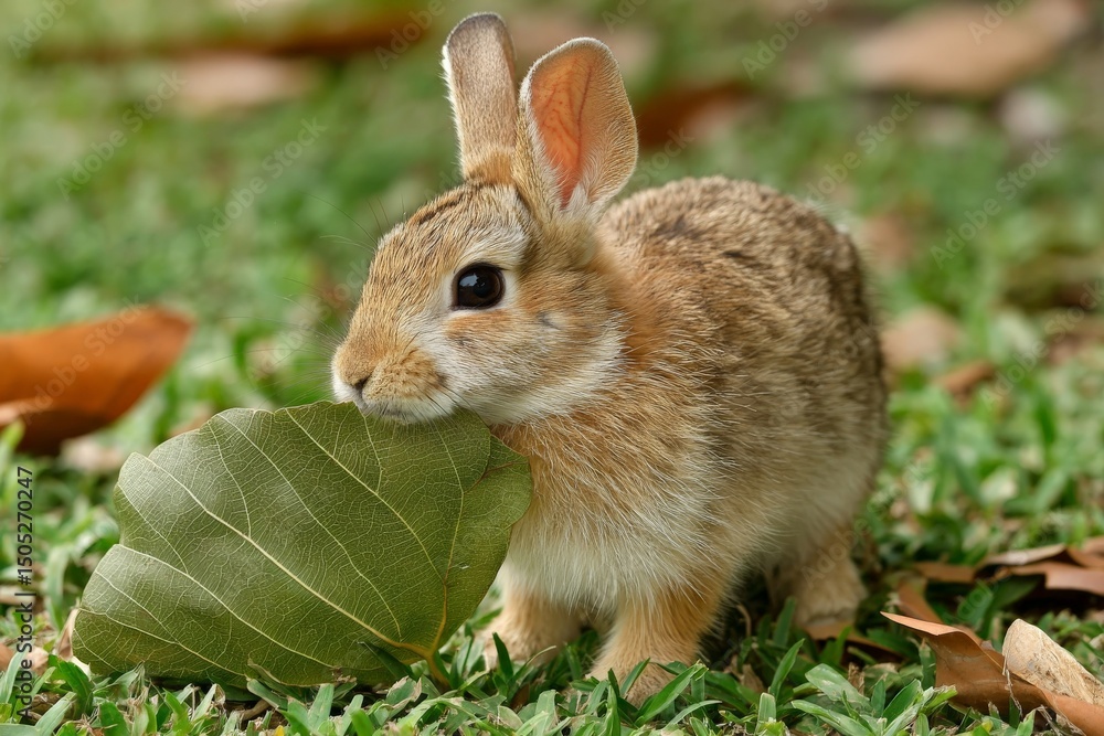 Poster bunny with a leaf exploring the grassy area in a peaceful garden setting