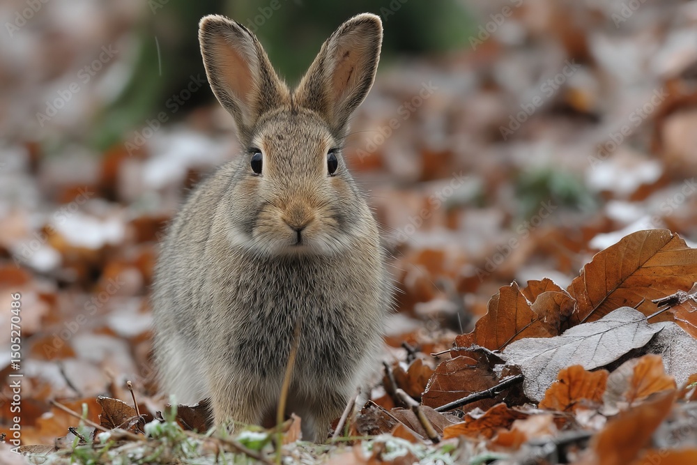 Poster curious rabbit exploring a forest floor covered in dried leaves during autumn in the early morning l