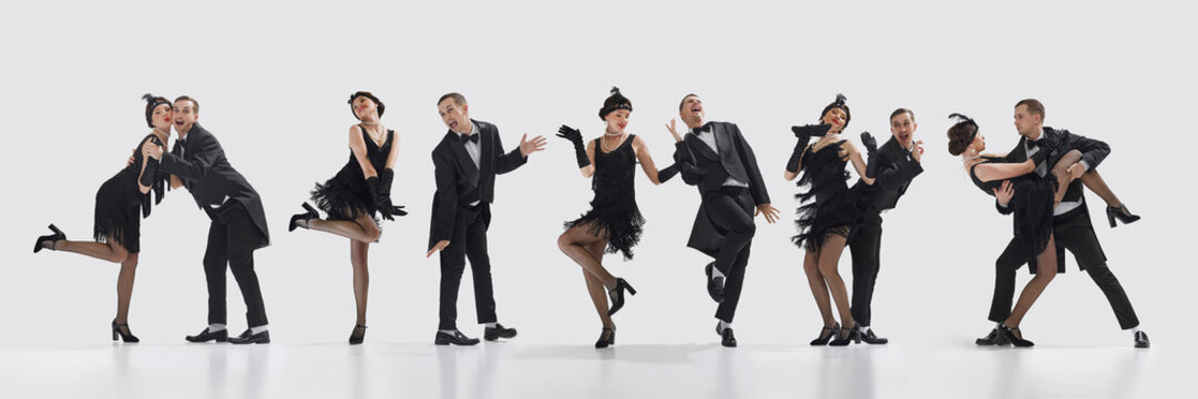 Collage. Stylish jazz dancers in 1920s costumes posing expressively with theatrical gestures against white background. Concept of dance, retro performance, expression, jazz era, celebration