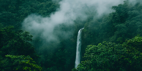 Waterfall Misty Jungle Tropical Forest Dense Nature Landscape