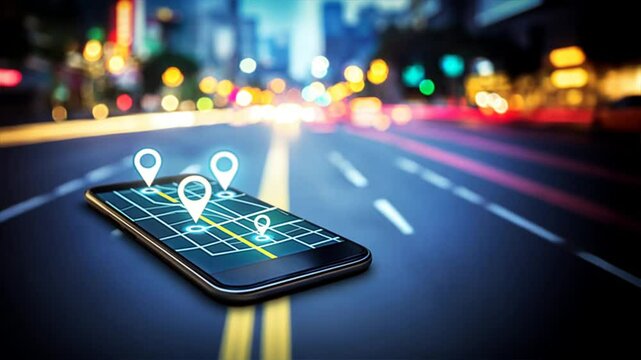 Mobile device displays map with location pins over blurred city street, showing GPS tracking and online ride service in on demand ride services