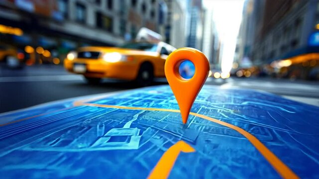 Blue map with orange location pin and yellow taxi in background shows navigation and real time booking for on demand ride services and taxi service