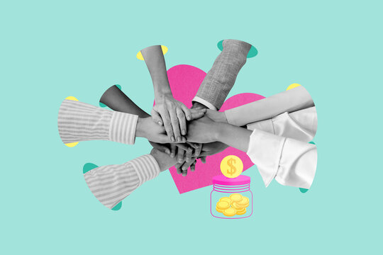Collage trend artwork composite sketch poster of croud friends hold together heart donation social support generosity charity help coins