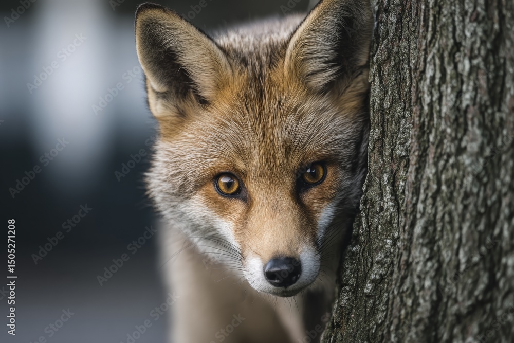 Poster candid moment of a fox peering from behind a tree in a serene woodland setting during the afternoon