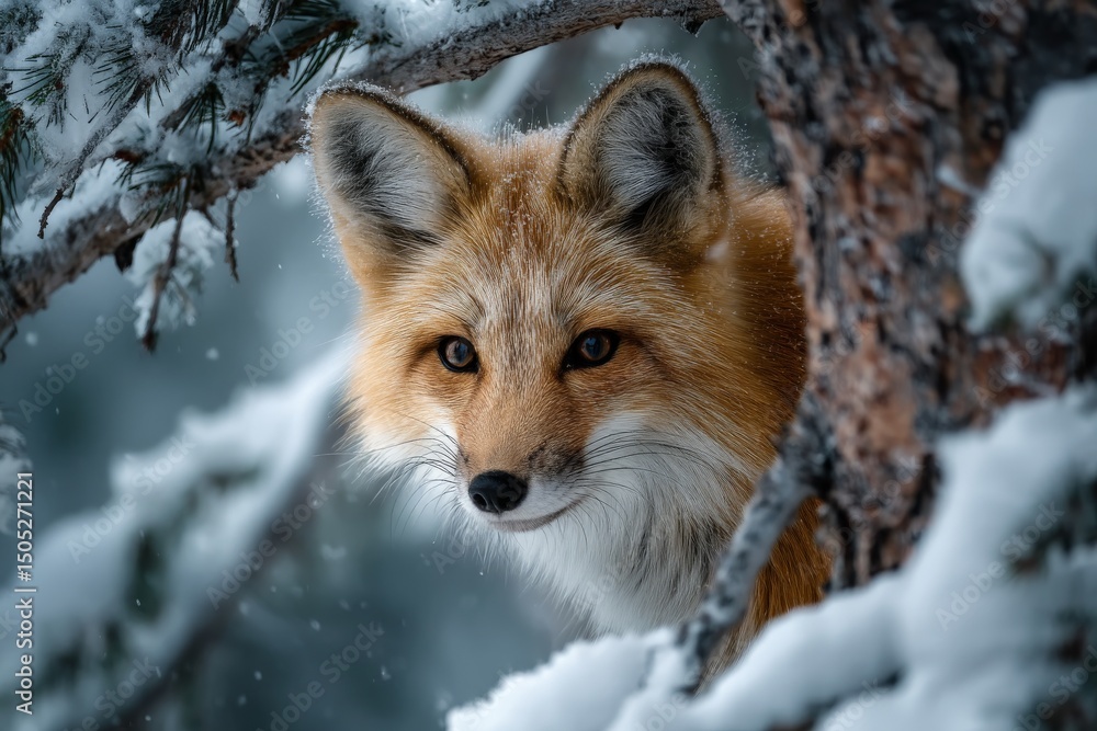 Poster red fox peers through snow-covered branches in a winter forest setting at twilight