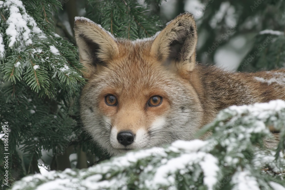 Poster fox observes its surroundings through snow-covered branches in a winter forest setting