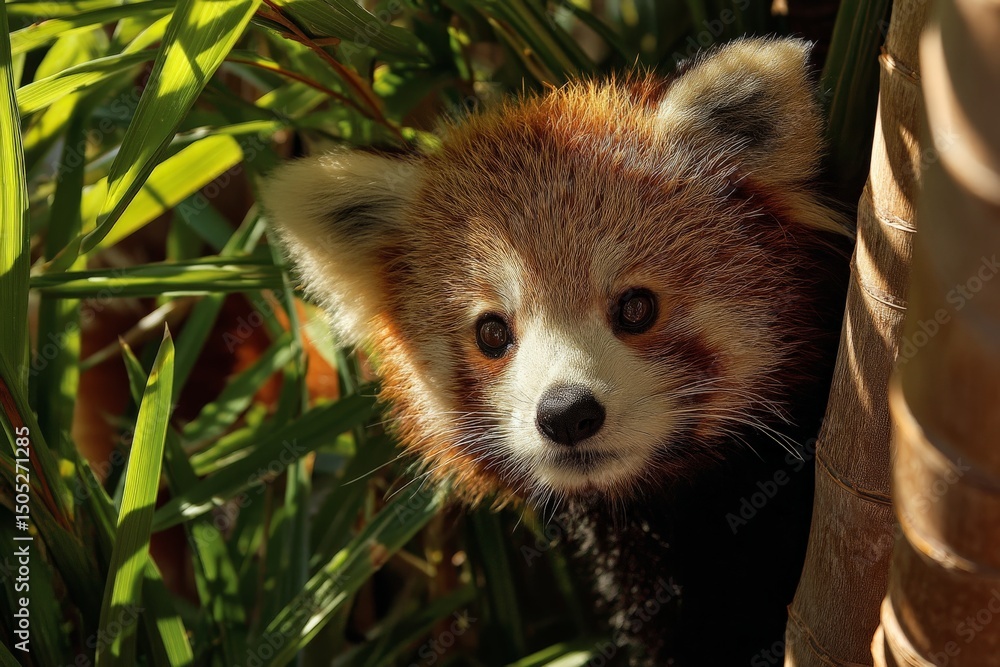 Aufkleber red panda curiously peeks through lush green foliage in a serene forest setting during daylight hour