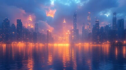 Naklejka premium Cityscape reflecting in water at dusk with glowing lights and hazy atmosphere