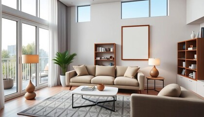 Modern living room with balcony, comfy sofa, simple coffee table, elegant lamps, bookcase, frame mockup,  white wall,  neutral
