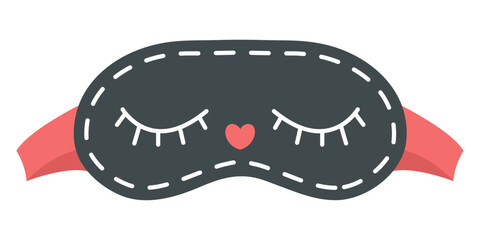 Obraz premium Flat vector illustration of cute black sleeping mask with closed eyes and heart. Sleeping accessory isolated on white for sleep and relaxation themes.