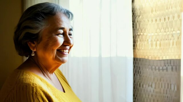 Happy, face and elderly caucasian woman in yellow sweater on sofa to relax at home or grandma laughing freedom in retirement. Portrait, elderly smile living room, home or thinking about good memory