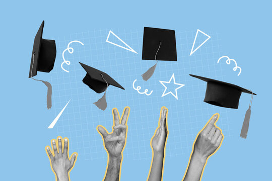 Photo collage trend sketch template artwork of four hand gesture throw up hat fly graduate student success intelligent knowledge academic
