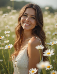A depiction of a young lady in a field, surrounded by blossoms.