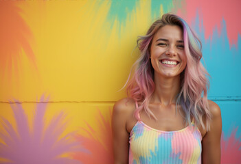 portrait of a young girl is standing against a wall, which has been painted with bright, multicolored paint.