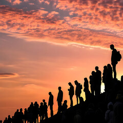 Fototapeta premium This abstract representation features overpopulation, positioned right, set against a dramatic sunset backdrop.