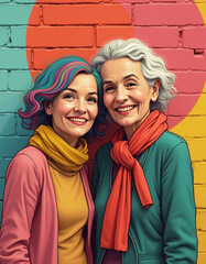 portrait of an elderly couple standing in front of a wall decorated with a variety of bright colors.