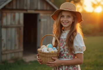 girl posing with basket of painted eggs for easter holiday against beautiful sunset in front of henhouse and farm
