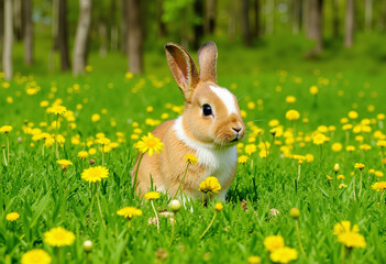 cute rabbit sits in a forest glade full of dandelions and looks with raised ears