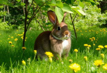 cute rabbit in the forest glade sits on the grass under tree branch and looks with raised ears
