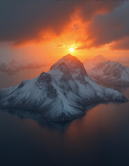 A beautiful northern landscape at sunset, with snow-covered mountains and a lake.