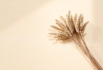Monochromatic dry flax bouquet, soft shadows, beige wood background,  simple,  home decor