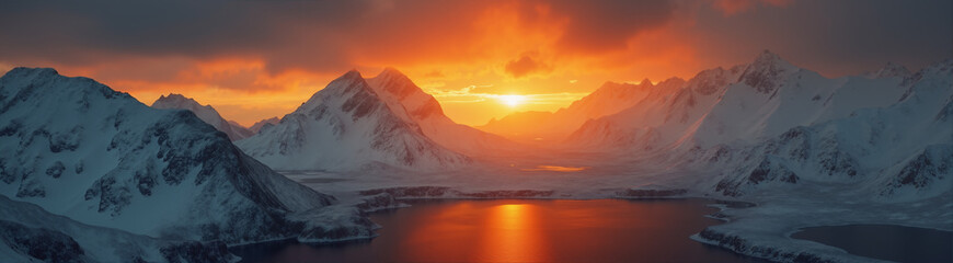 A beautiful northern landscape at sunset, with snow-covered mountains and a lake.