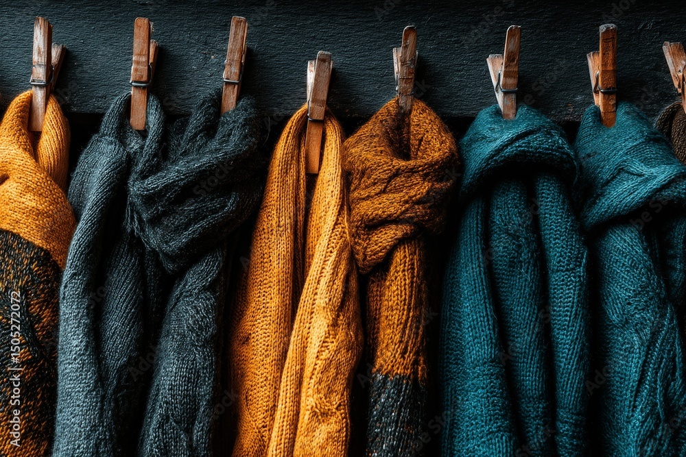 Poster cozy scarves displayed on a wooden rack in a warm and inviting indoor setting during autumn