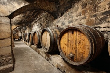 Authentic wine cellar with wooden barrels lined along stone walls in a historic location
