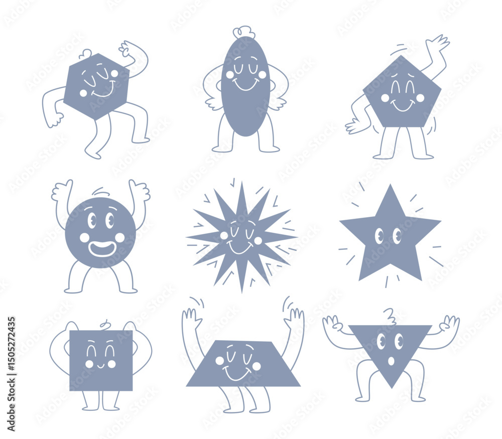 Poster geometrical figures. funny abstract characters in geometrical shapes with different emotions