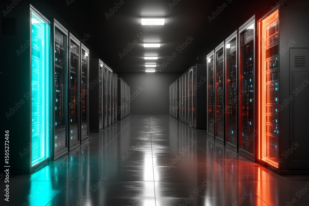 Poster High-tech data center with illuminated servers showcasing modern technology and design in a dark environment