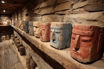 Museum exhibit displaying ancient stone masks from indigenous cultures in a historic location